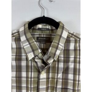 Eddie Bauer Mens Classic Fit Plaid Button Down Shirt Olive Green Brown Medium